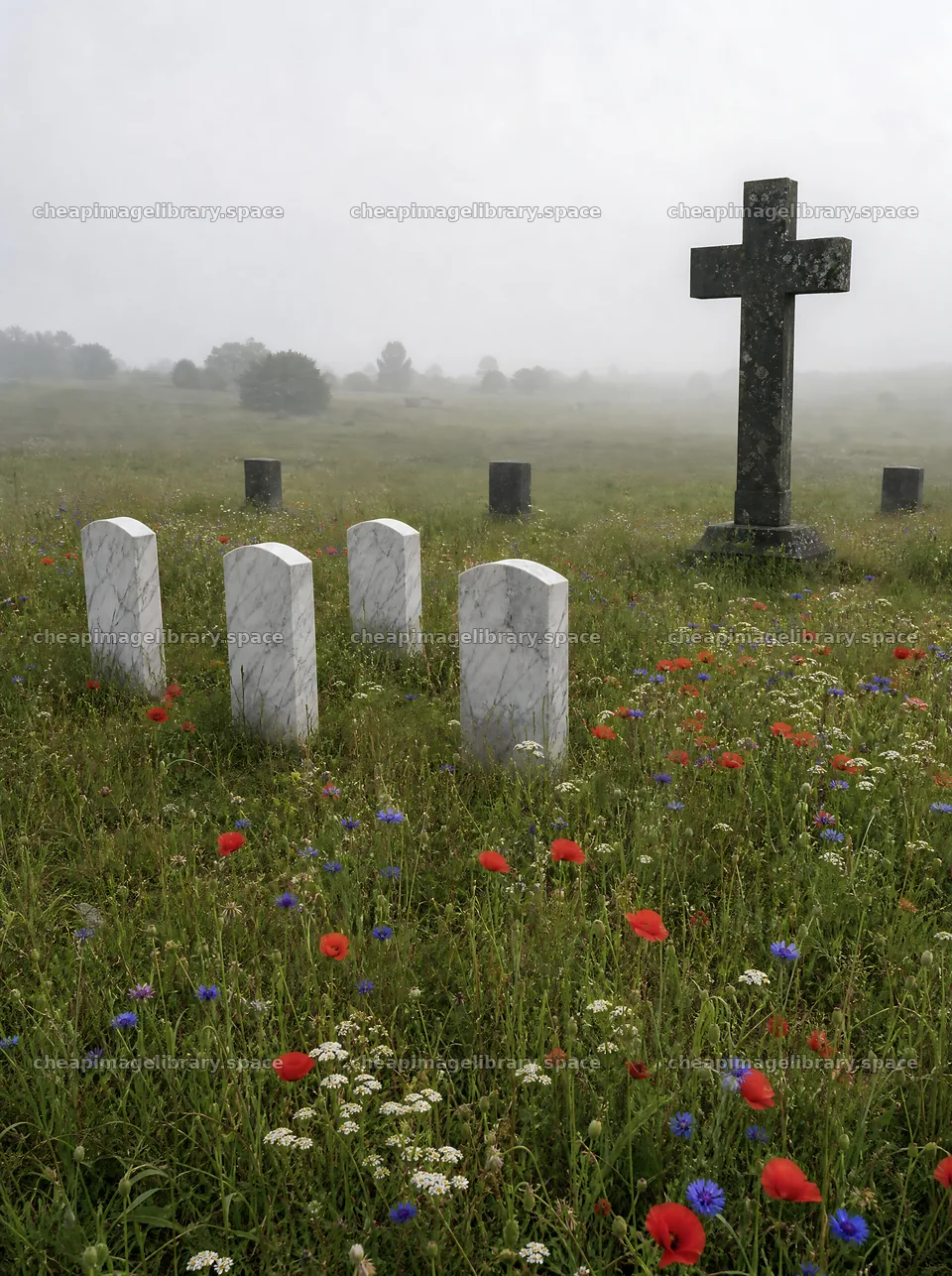 Weathered Christian cross in misty meadow with flowers – image library 6858x9186