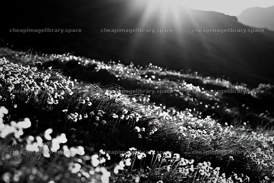 Daisetsuzan alpine meadow with light rays and flowers – image library 9722x6480
