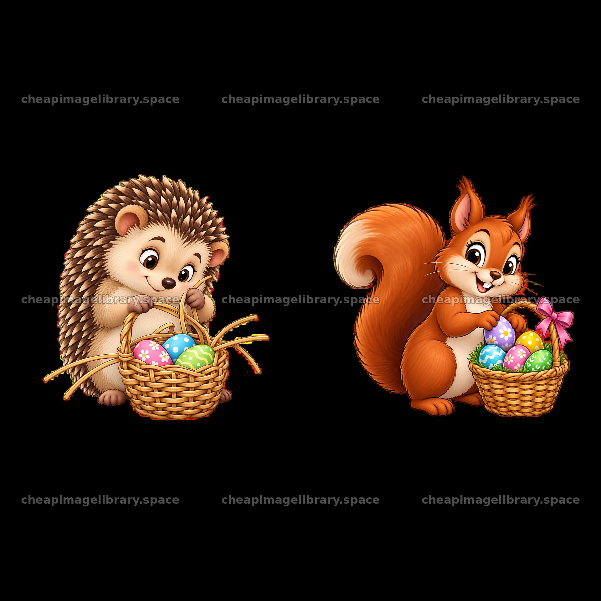 Hedgehog and squirrel with Easter baskets full of colorful eggs – image library 7746x7746
