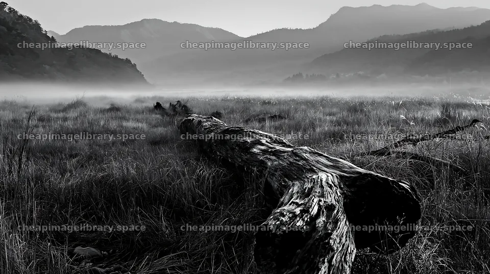 Wakayama autumn meadow with weathered wood log in foreground – image library 10608x5938