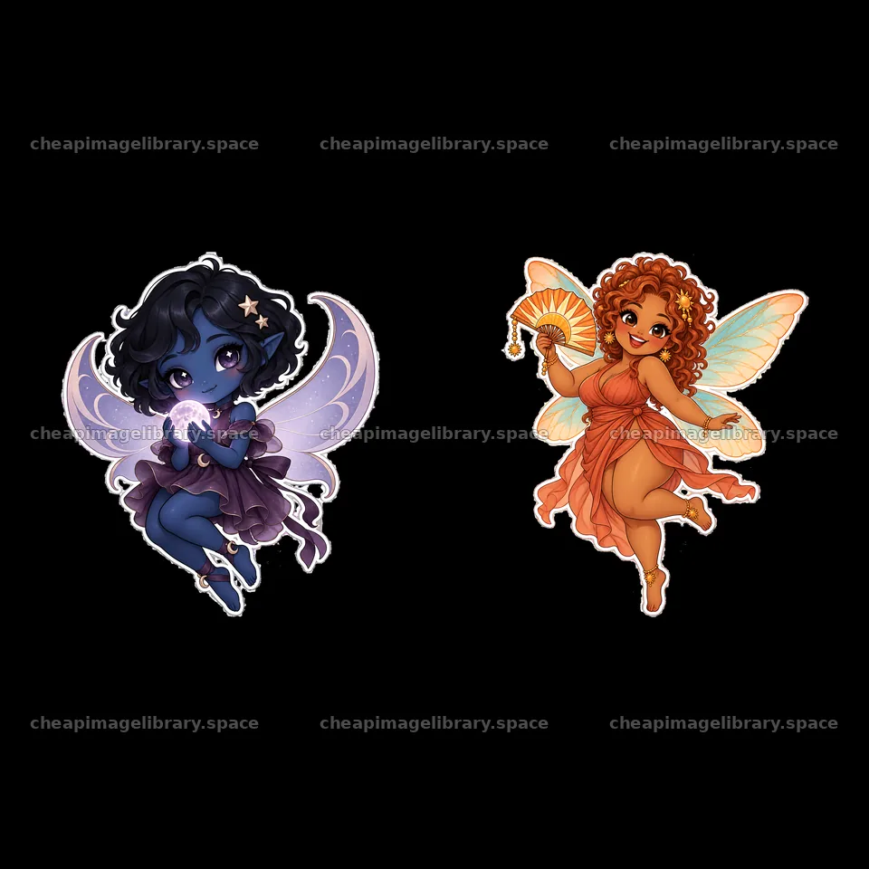 Kawaii chubby fairies holding objects in playful poses – image library 7746x7746