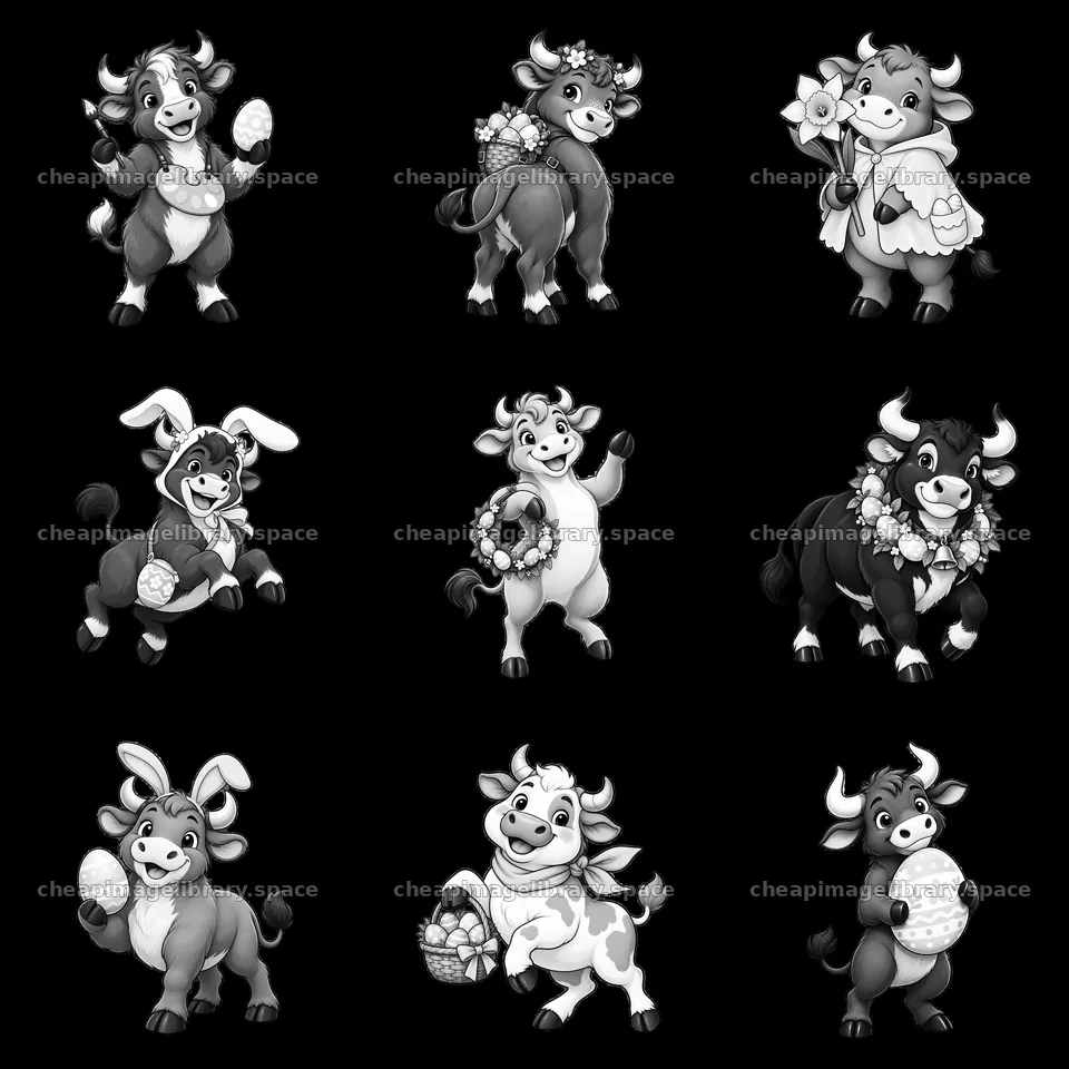 Easter-themed cartoon ox characters in black and white design – image library 7746x7746
