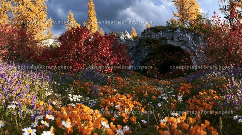 Christmas wreaths in meadow by cave – image library 10608x5938