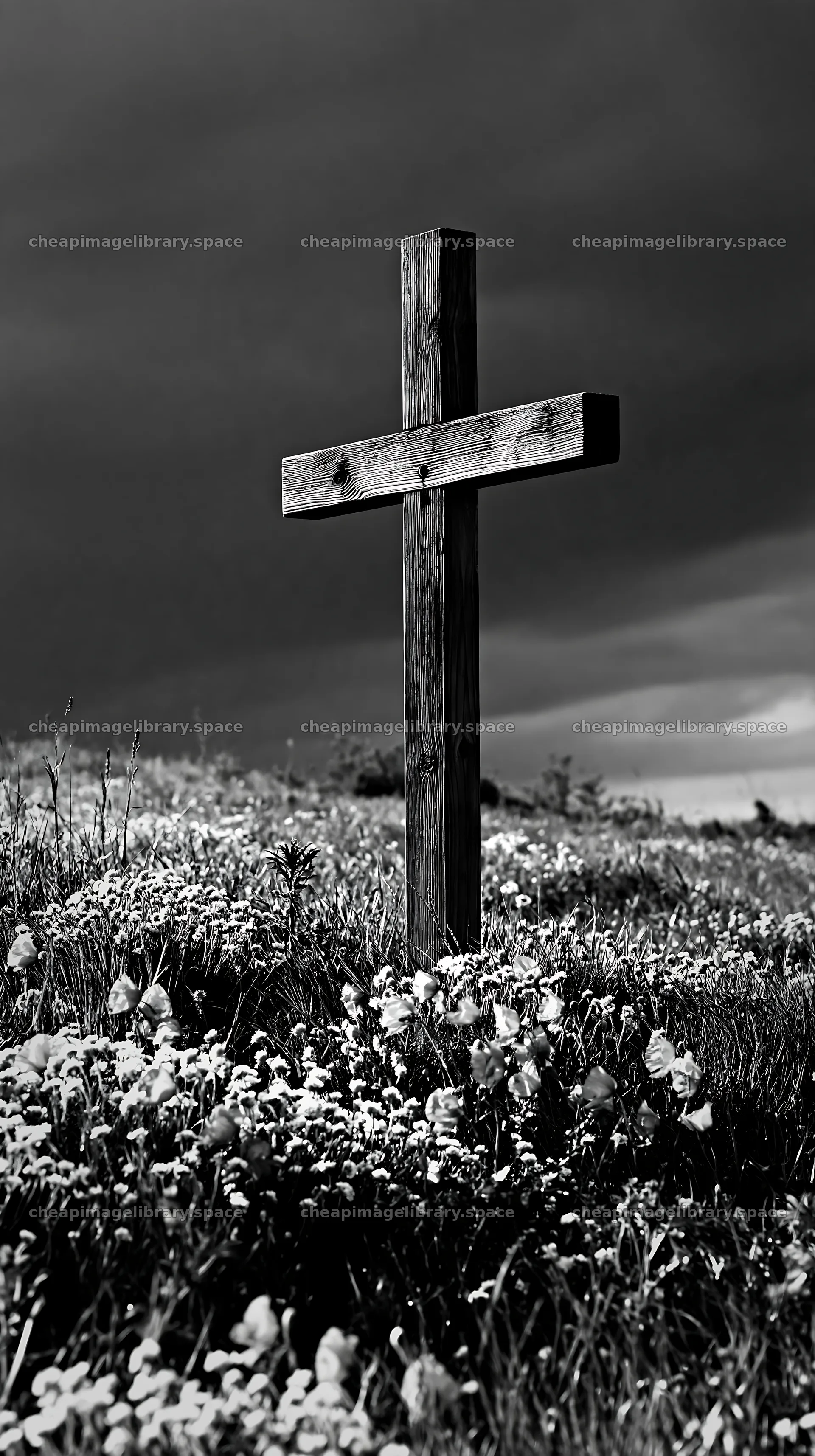 Christian cross in a meadow with morning light – image library 5938x10608