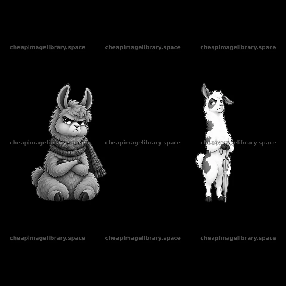 Grumpy llamas sitting and standing with expressions and scarves – image library 7746x7746