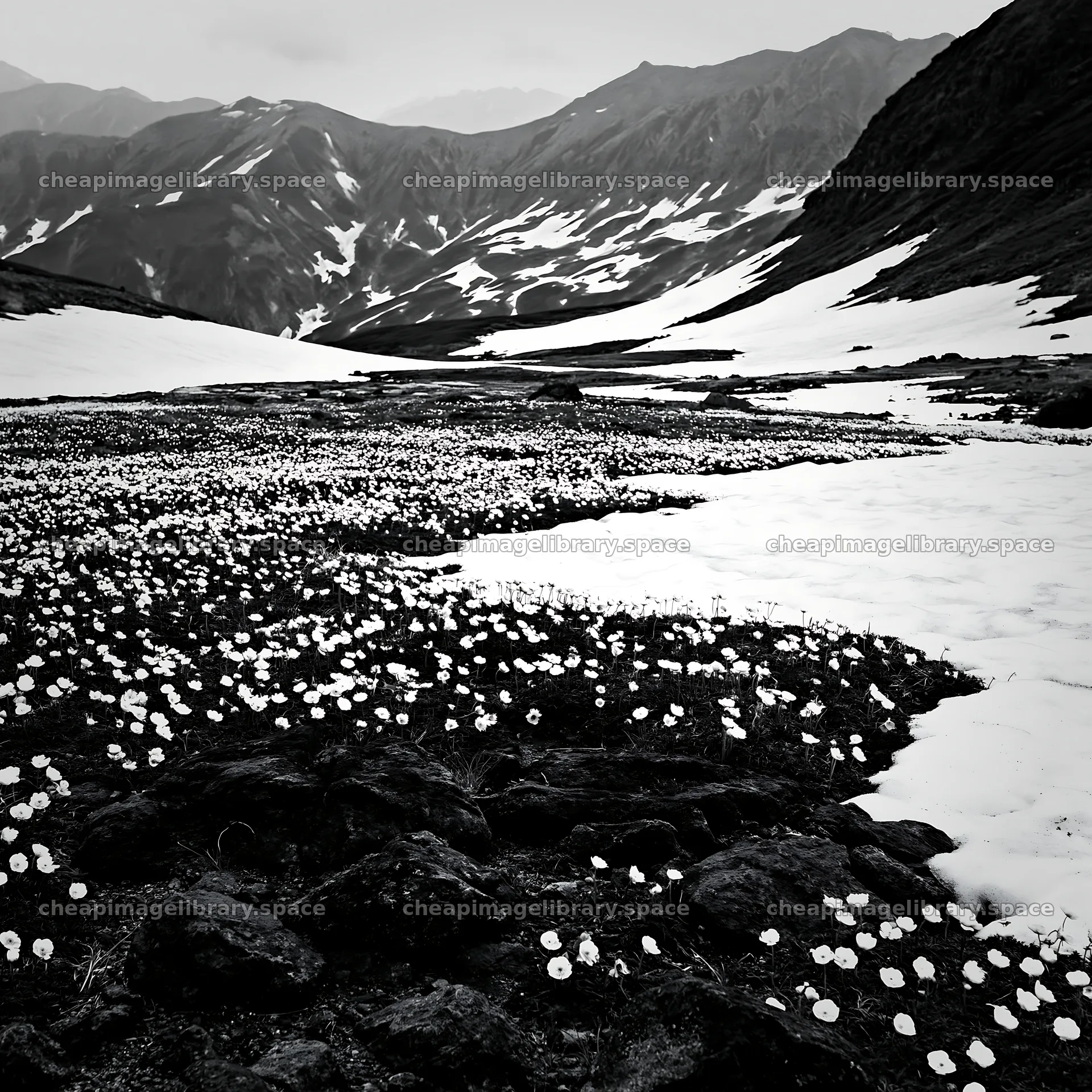 Snowmelt reveals flowers on rocks in Toyama alpine meadow – image library 7938x7938
