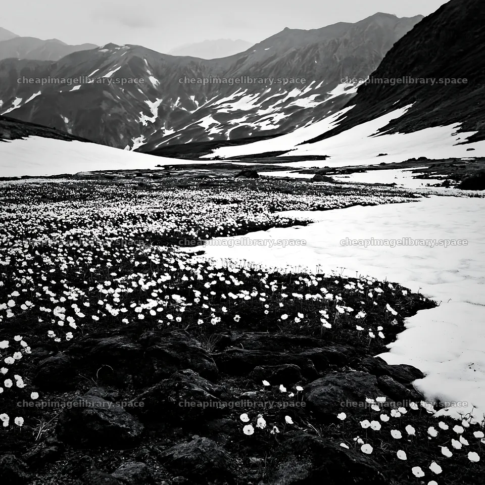 Snowmelt reveals flowers on rocks in Toyama alpine meadow – image library 7938x7938