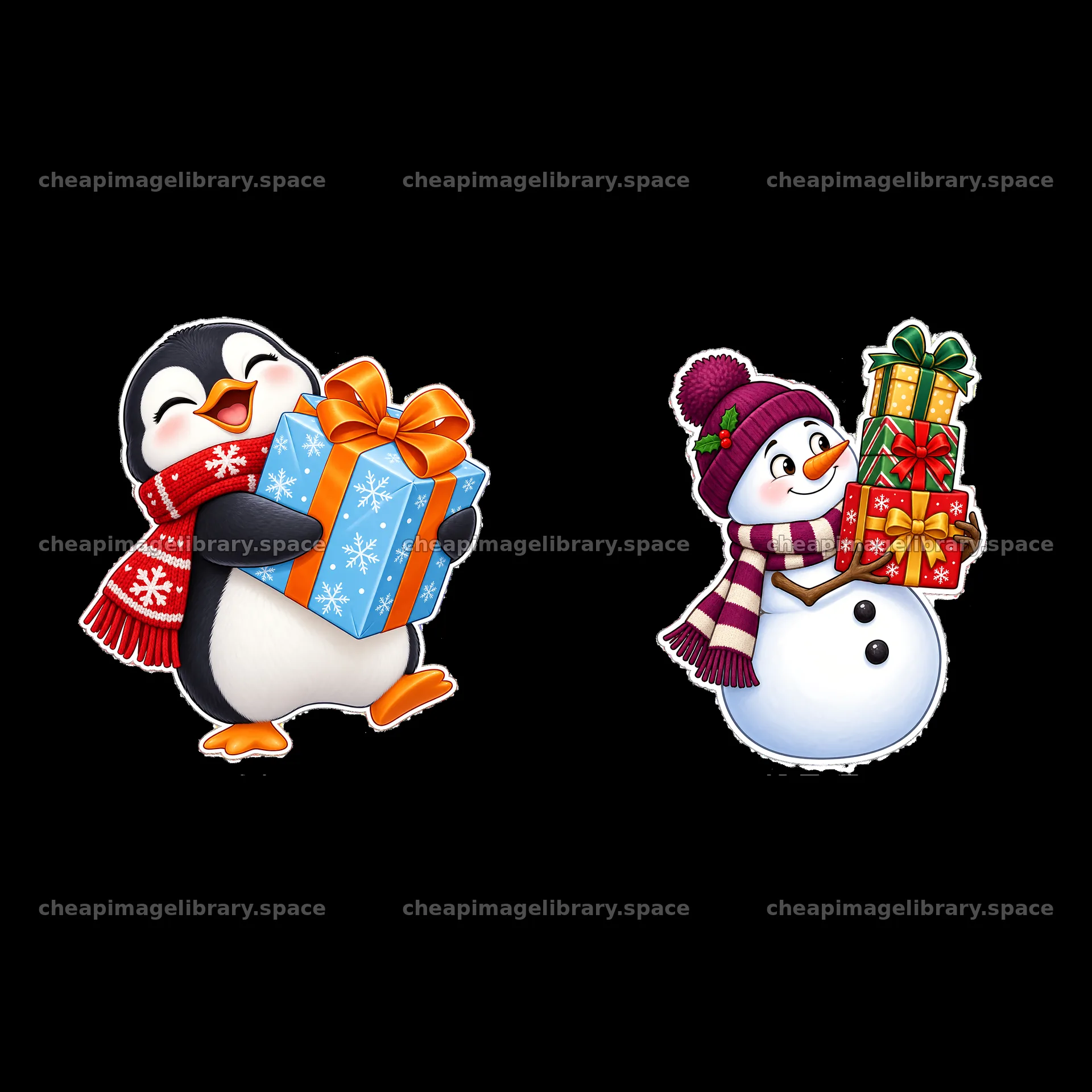 Festive penguin and snowman cartoon characters with Christmas gifts – image library 7746x7746