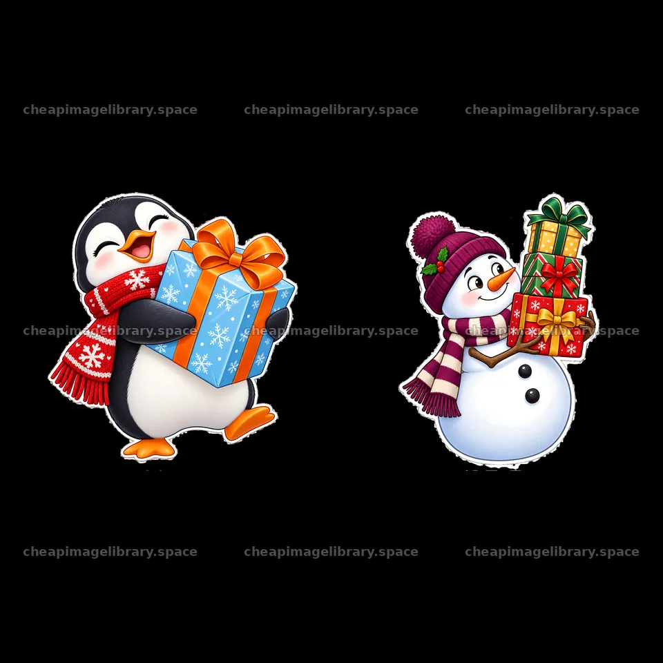 Festive penguin and snowman cartoon characters with Christmas gifts – image library 7746x7746