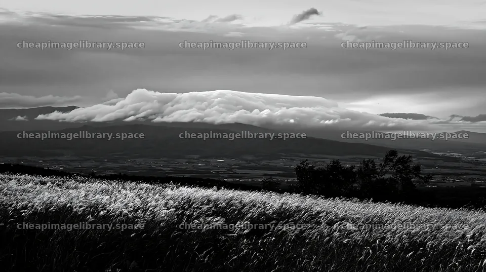 Hokkaido silver grass meadow seedheads under cloudy sky – image library 10608x5938
