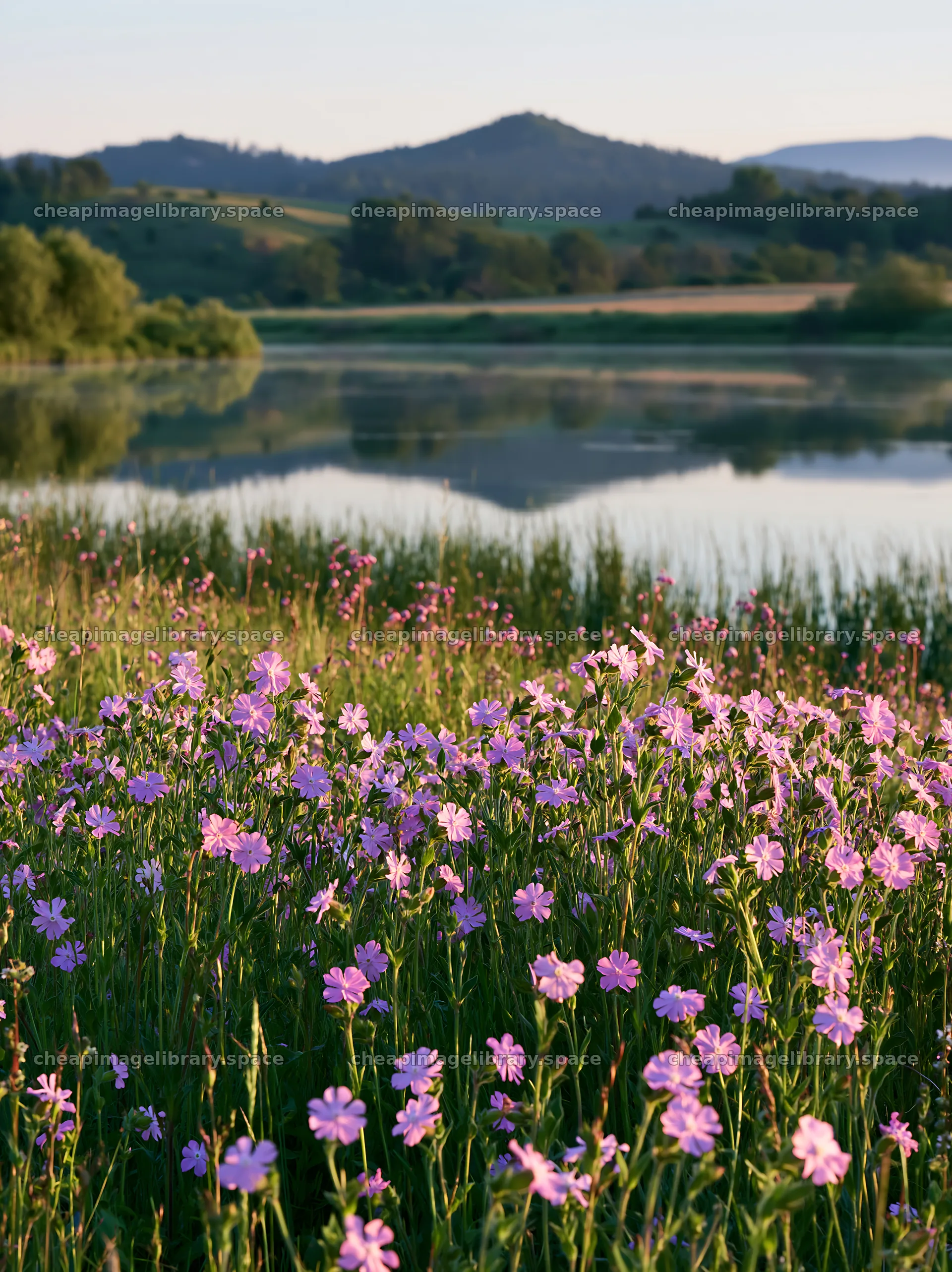 Lakeside meadow with pink flowers in Germany – image library 6866x9174