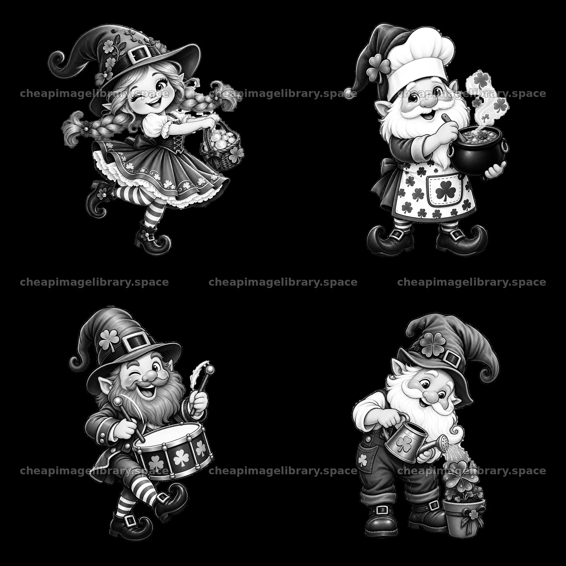 St. Patrick's Day gnomes with festive accessories in a square layout – image library 7746x7746