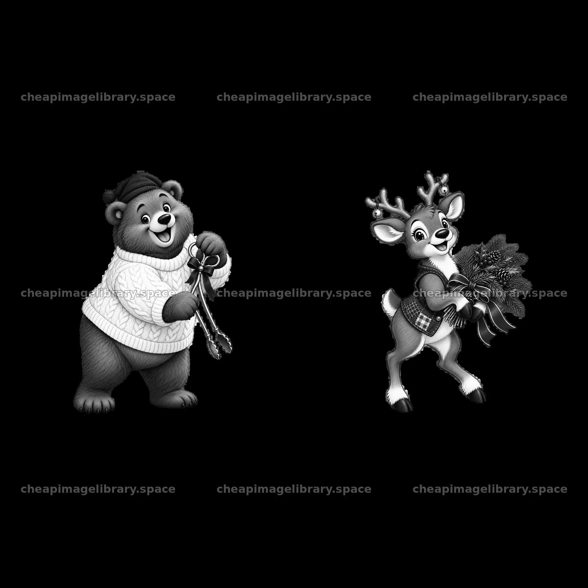 Bear and deer preparing for Christmas near a fireplace – image library 7746x7746