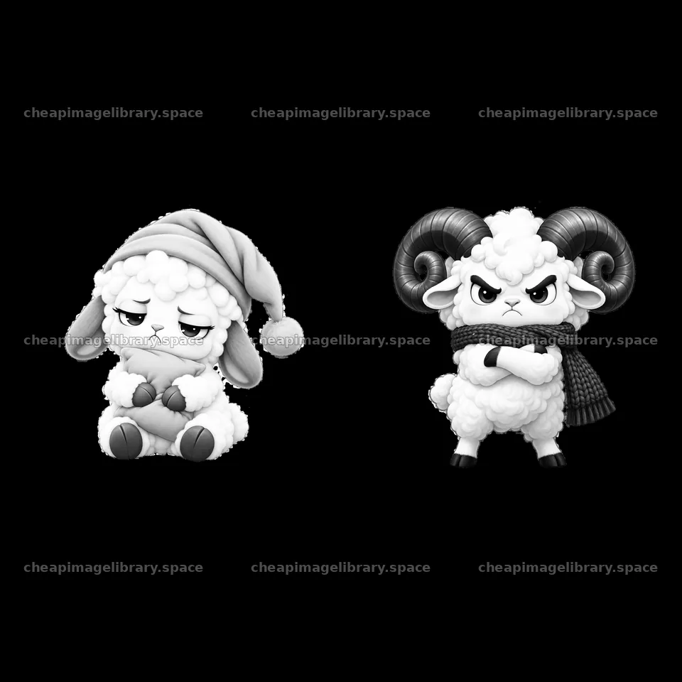 Kawaii grumpy sheep characters in black-and-white illustration – image library 7746x7746