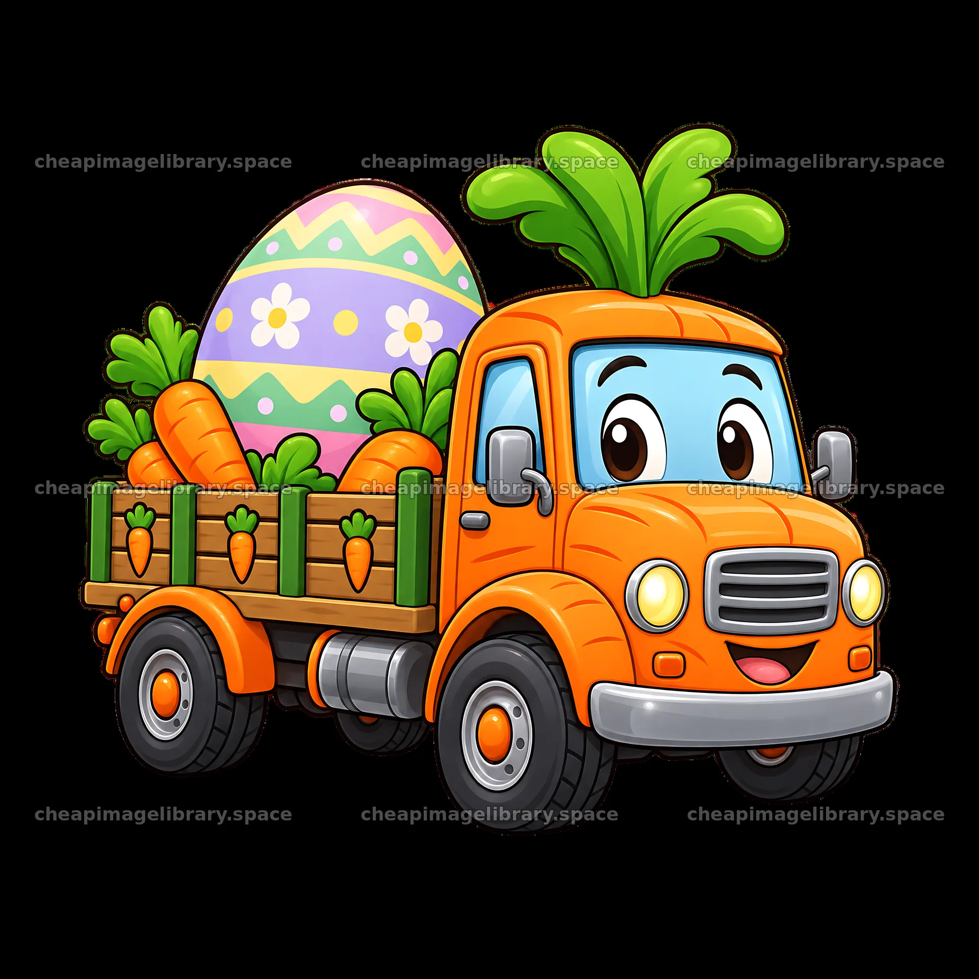 Easter truck delivering carrots and colorful egg – image library 7746x7746
