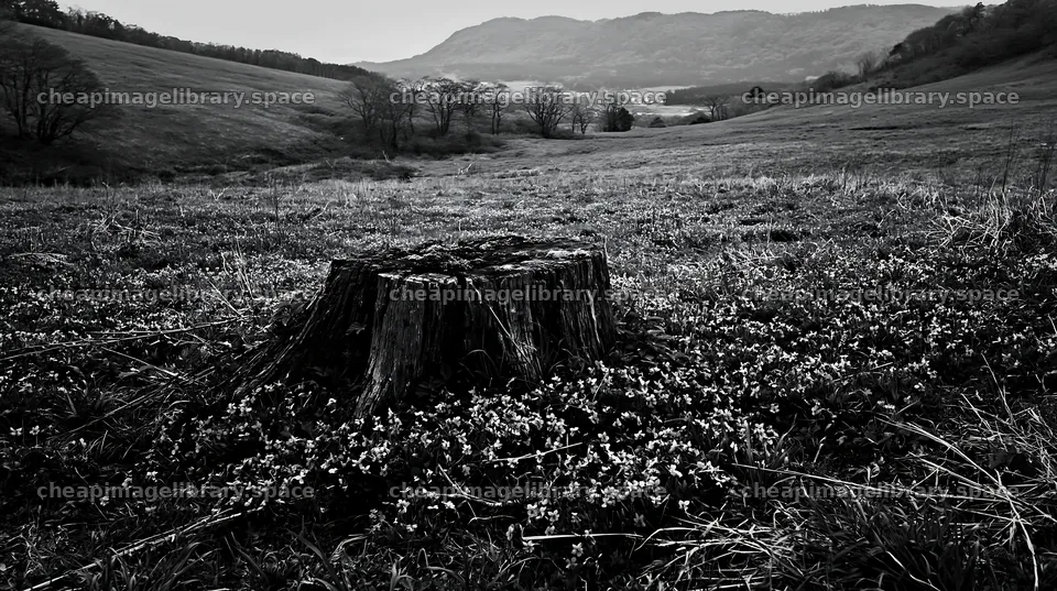 Fukushima native meadow with a weathered stump in black and white – image library 10608x5938