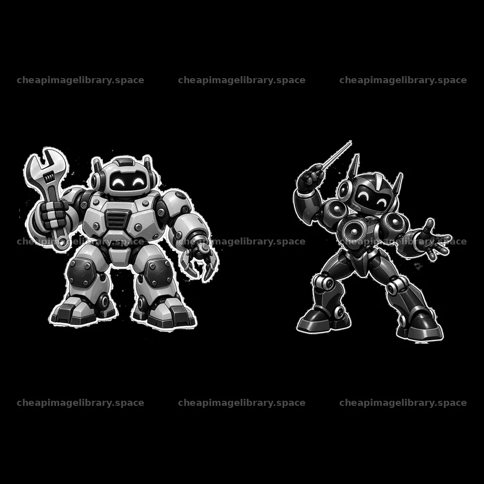 Robot duo with wrench and tool in black and white design – image library 7746x7746