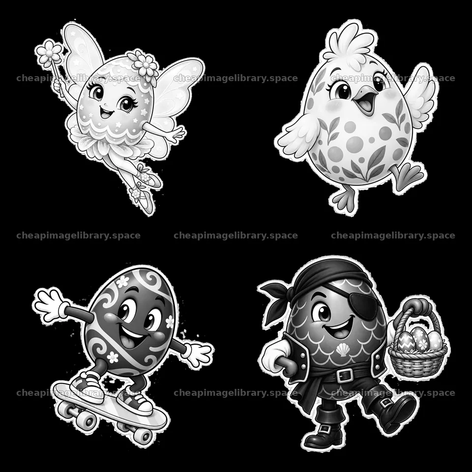 Colorful Easter eggs with characters in playful actions – image library 7746x7746