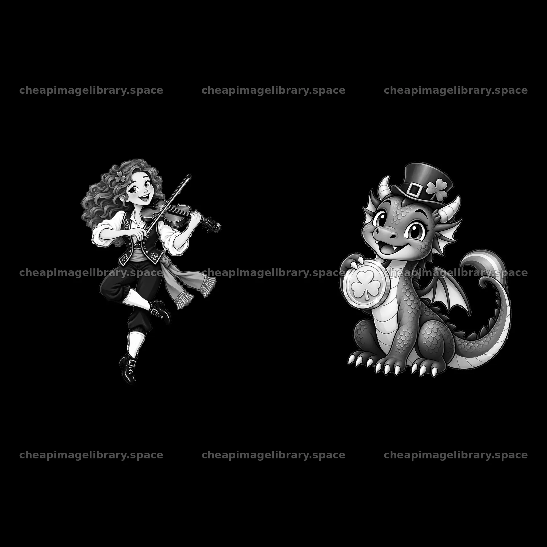 Girl playing violin with dragon holding shamrock on St. Patrick's – image library 7746x7746
