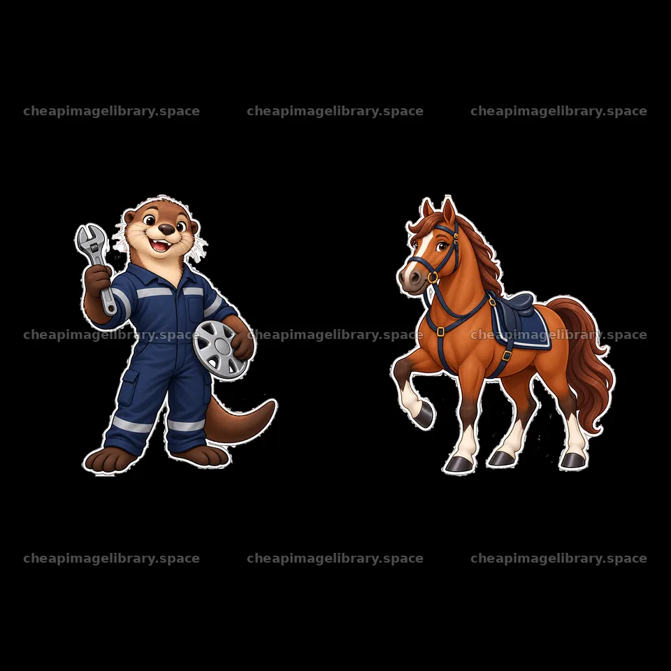 Cute otter mechanic with wrench and horse illustration – image library 7746x7746