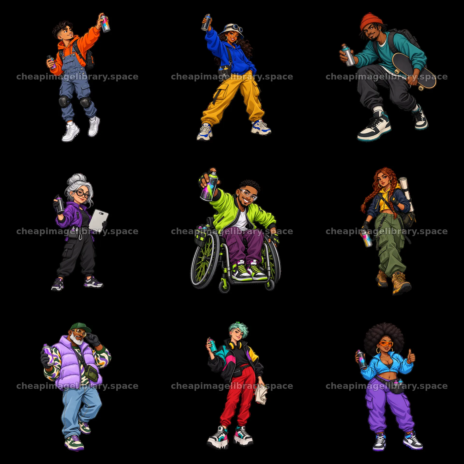Nine diverse characters expressing streetwear culture – image library 7746x7746