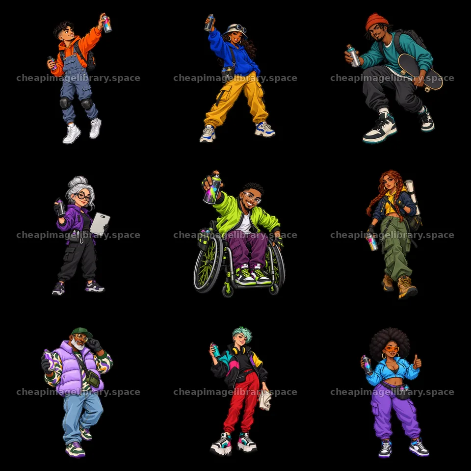 Nine diverse characters expressing streetwear culture – image library 7746x7746