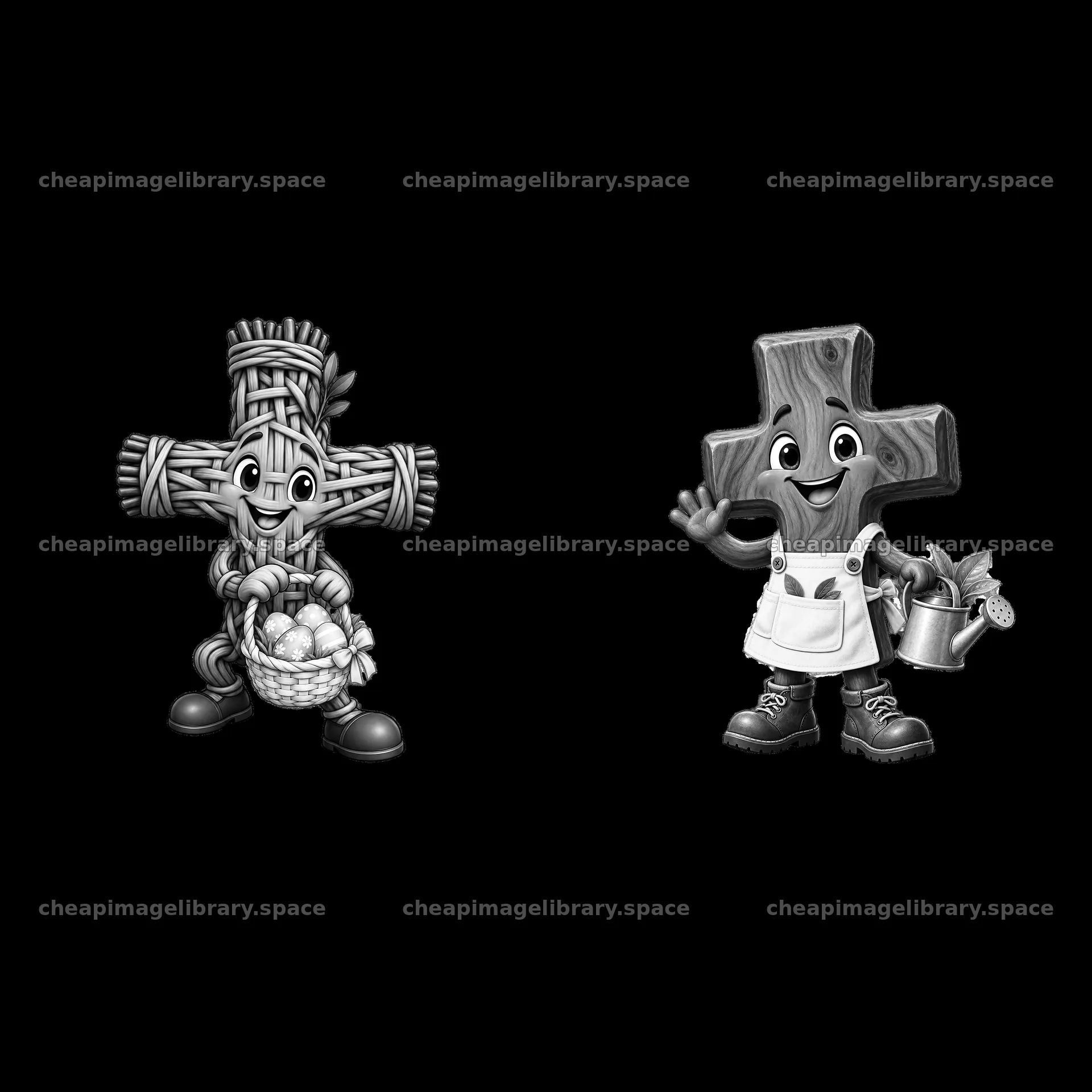 Easter cross characters with basket of eggs and watering can – image library 7746x7746