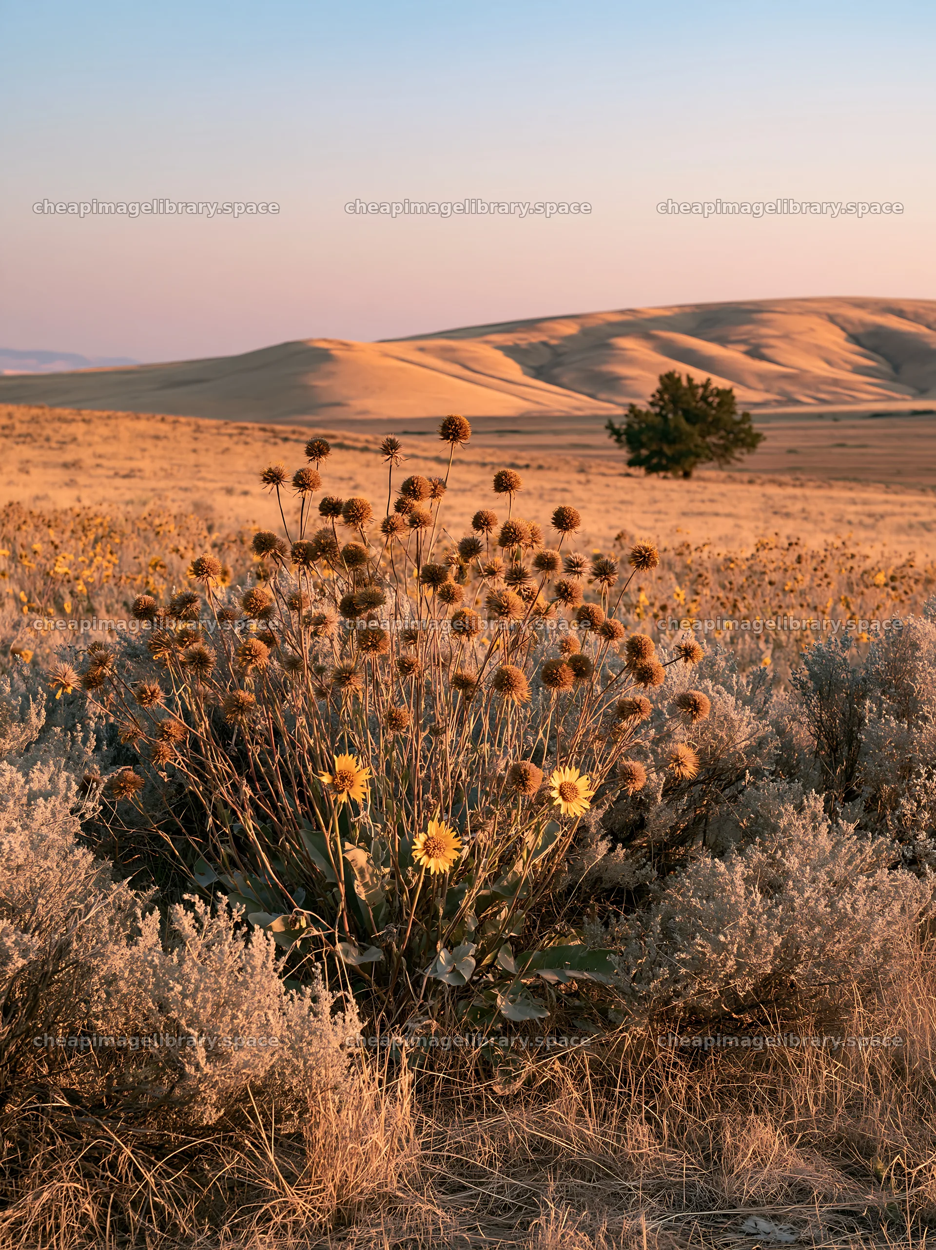 Sagebrush meadow light at sunset with wildflowers and hills – image library 6866x9174