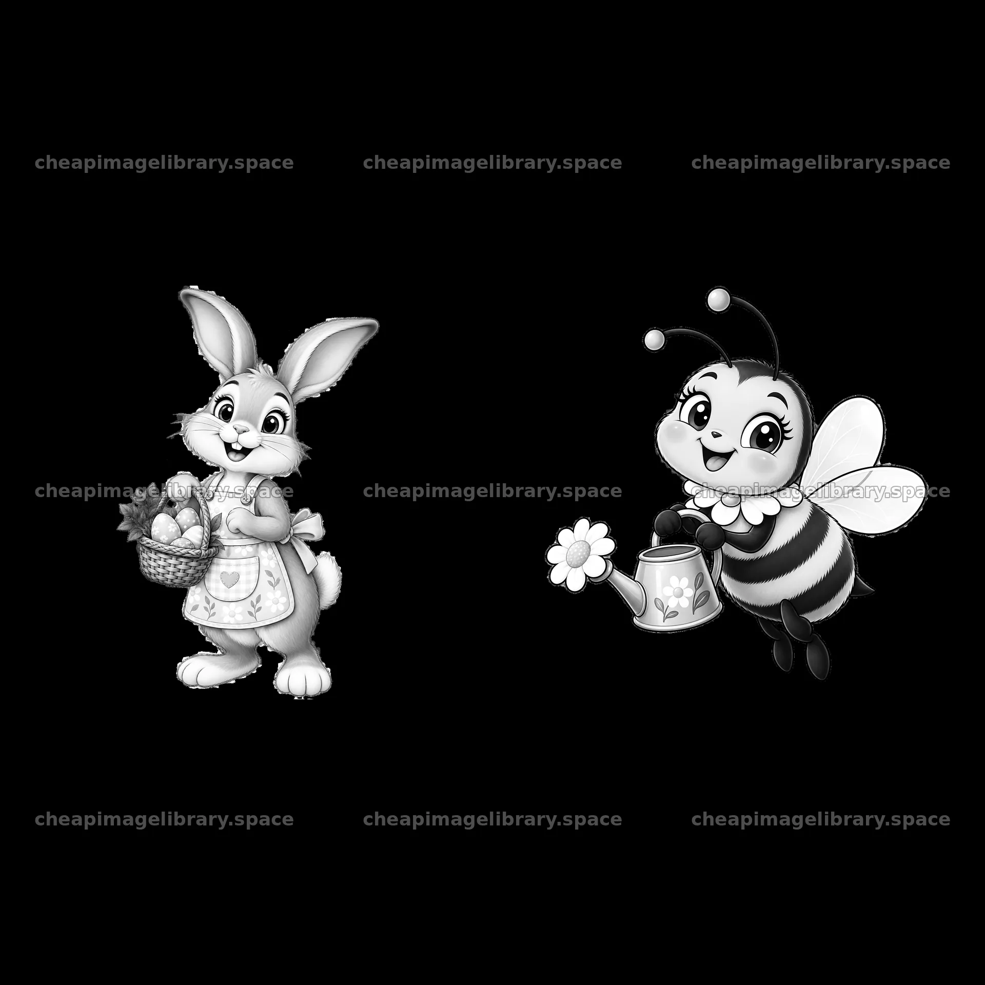 Cartoon rabbit and bee holding Easter items in meadow scene – image library 7746x7746
