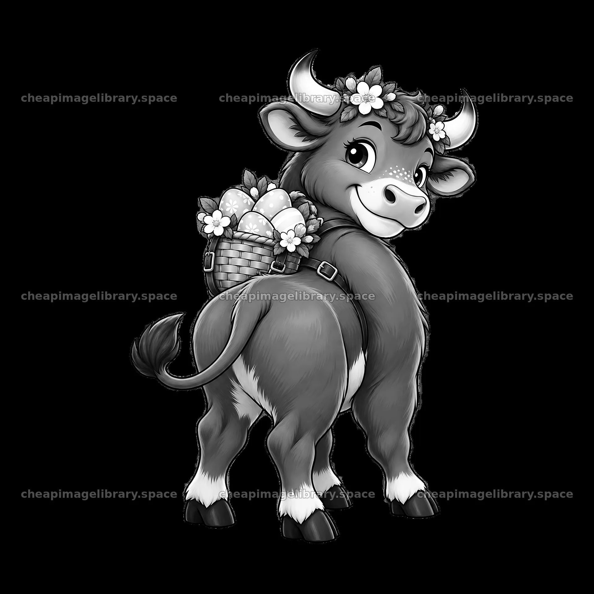 Easter ox carrying basket of eggs with flowers on its back – image library 7746x7746