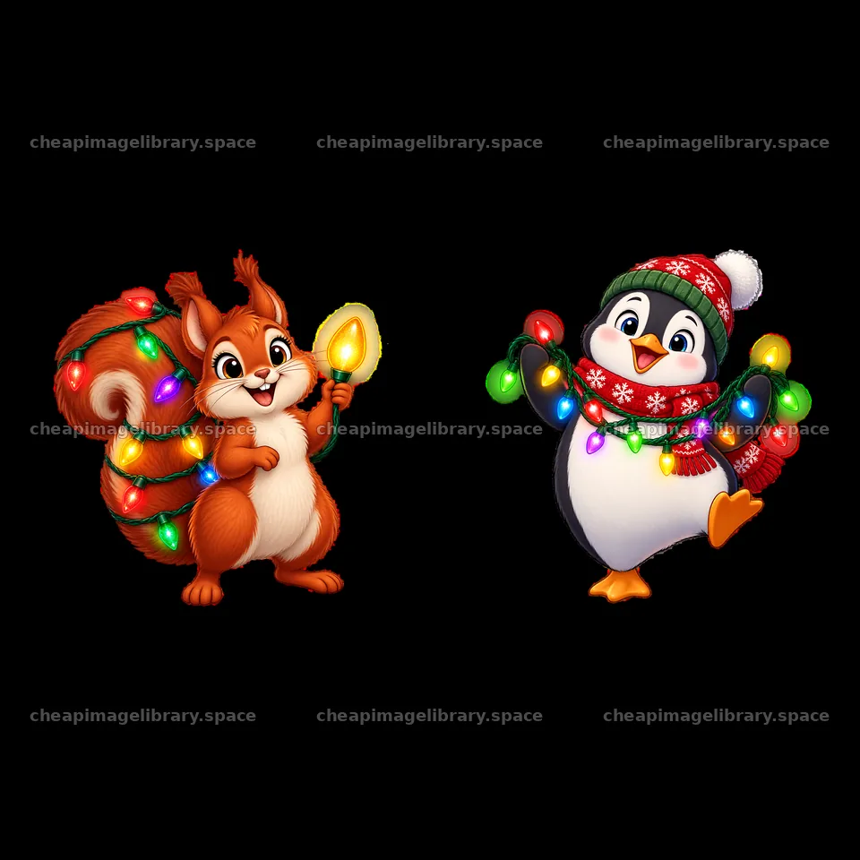 Squirrel and penguin holding string lights for winter celebrations – image library 7746x7746