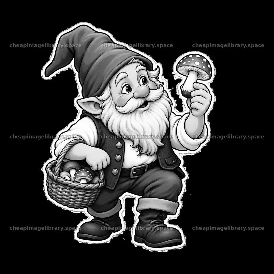 Gnome holding a mushroom while carrying a basket of mushrooms – image library 7746x7746