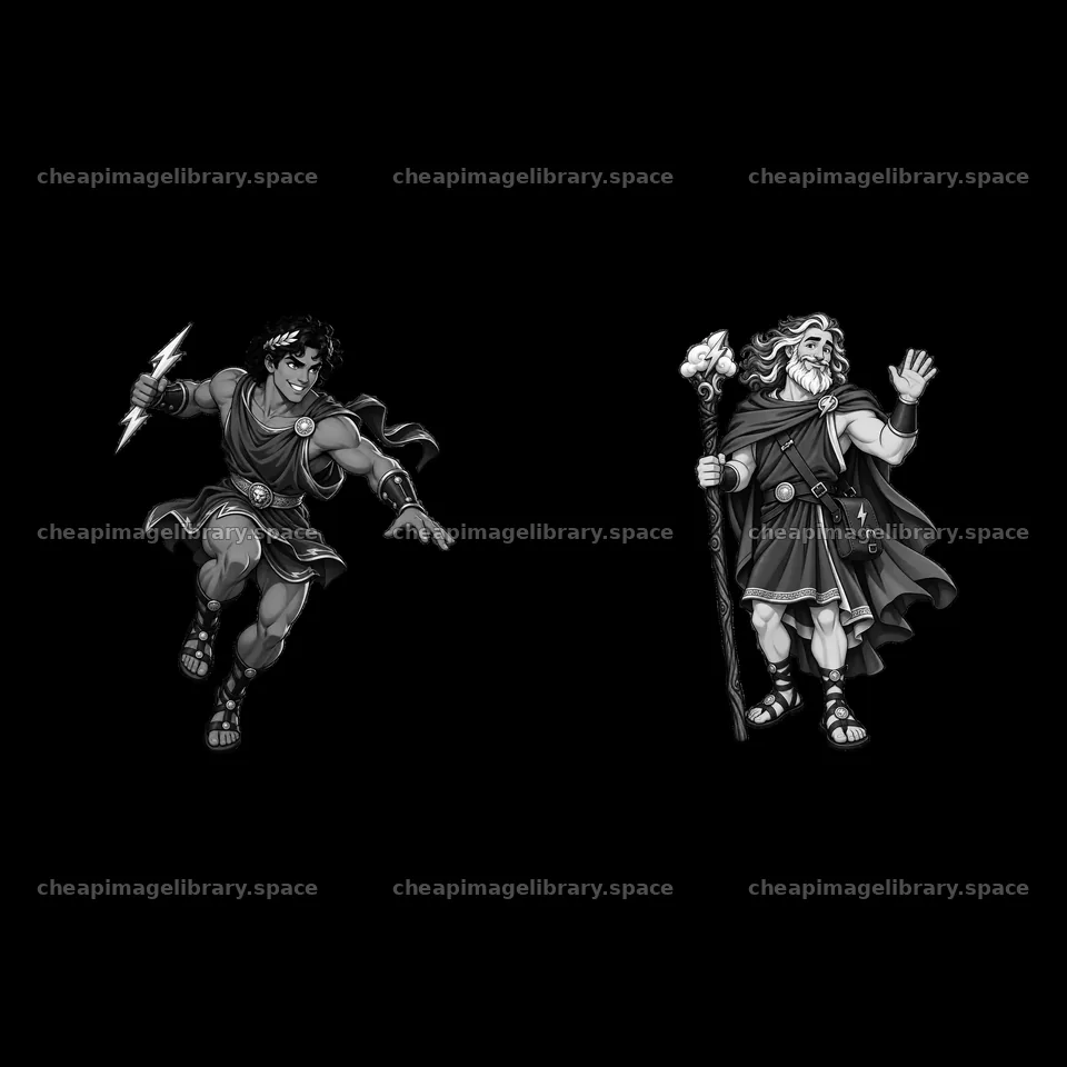 Zeus and Hercules cartoon sticker characters in monochrome design – image library 7746x7746