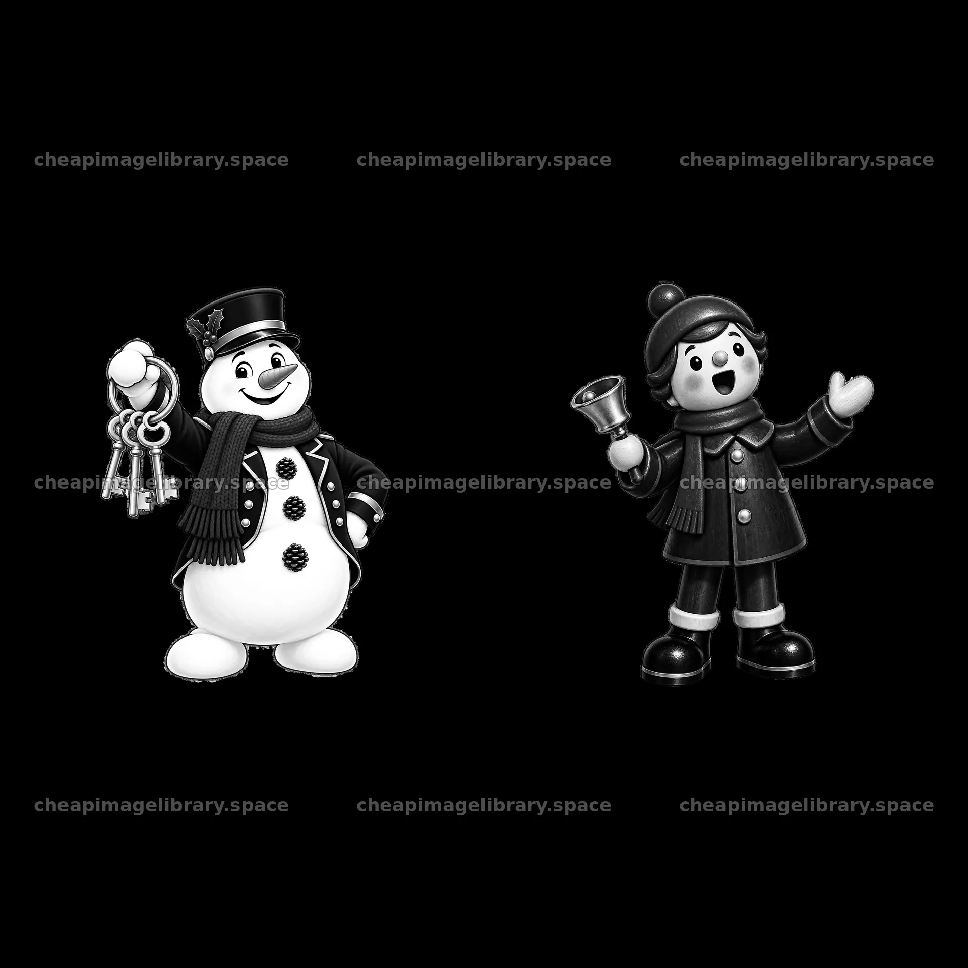 Snowman holding keys with a boy ringing a bell in Christmas villa – image library 7746x7746