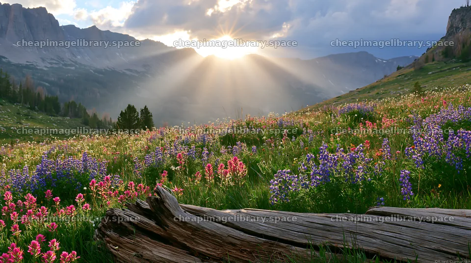 Crepuscular rays shine over a colorful meadow filled with flowers – image library 10608x5938