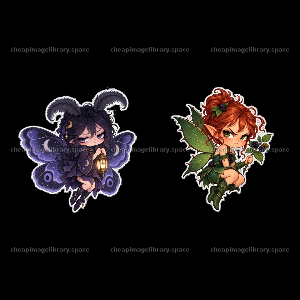 Kawaii grumpy fairy holding lantern and leafy friend in a pair – image library 7746x7746