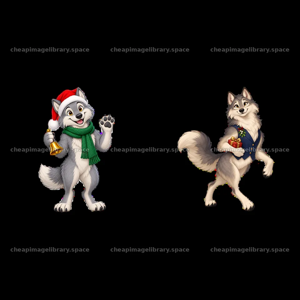 Christmas wolves celebrating with bells and gifts – image library 7746x7746