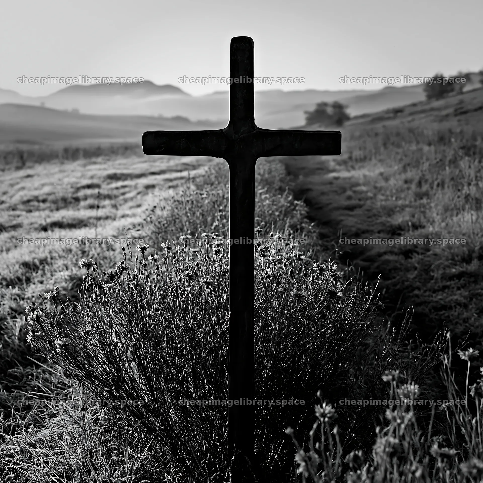 Bronze Christian cross in meadow at Christmas time – image library 7938x7938