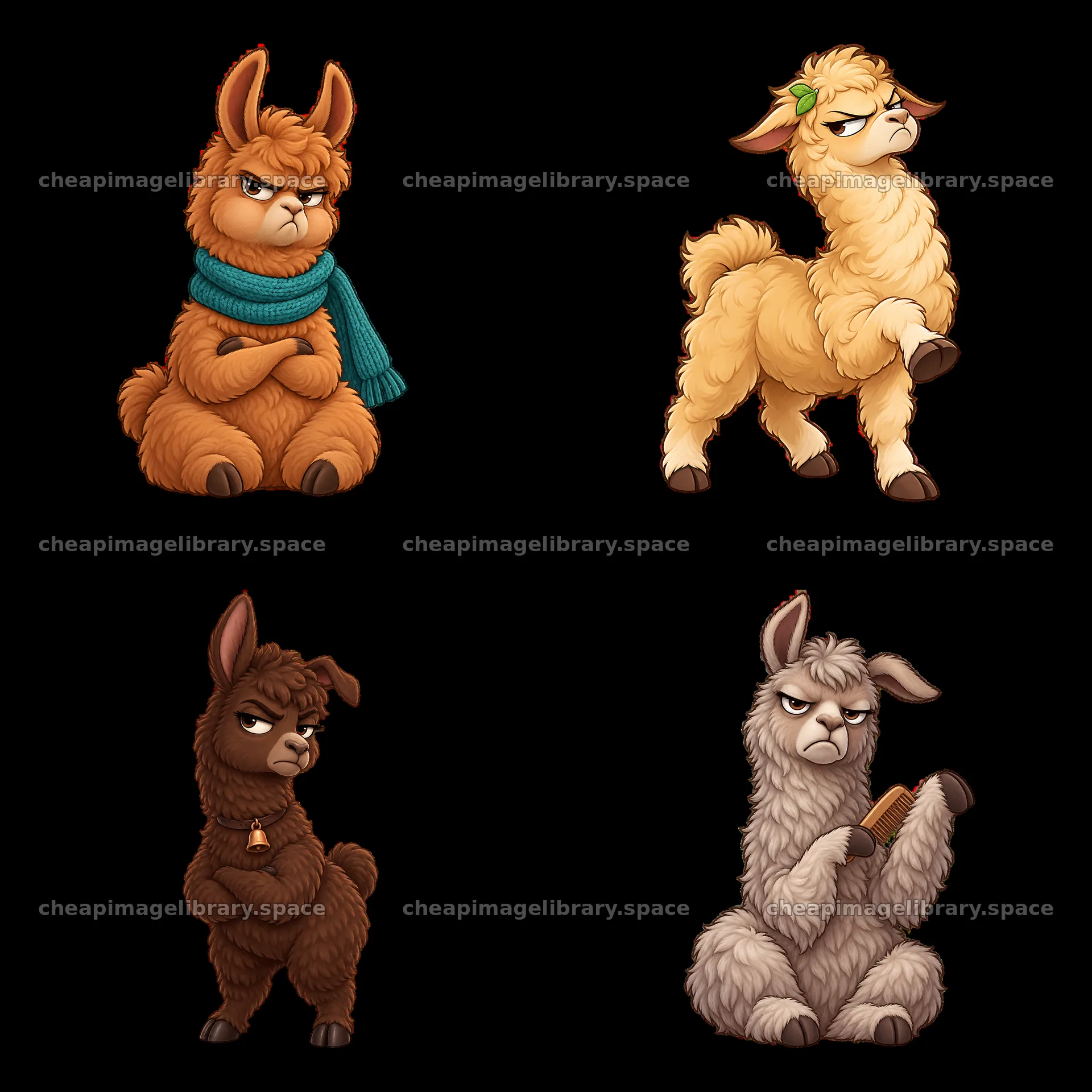 Grumpy llama cartoon stickers in a square layout – image library 7746x7746