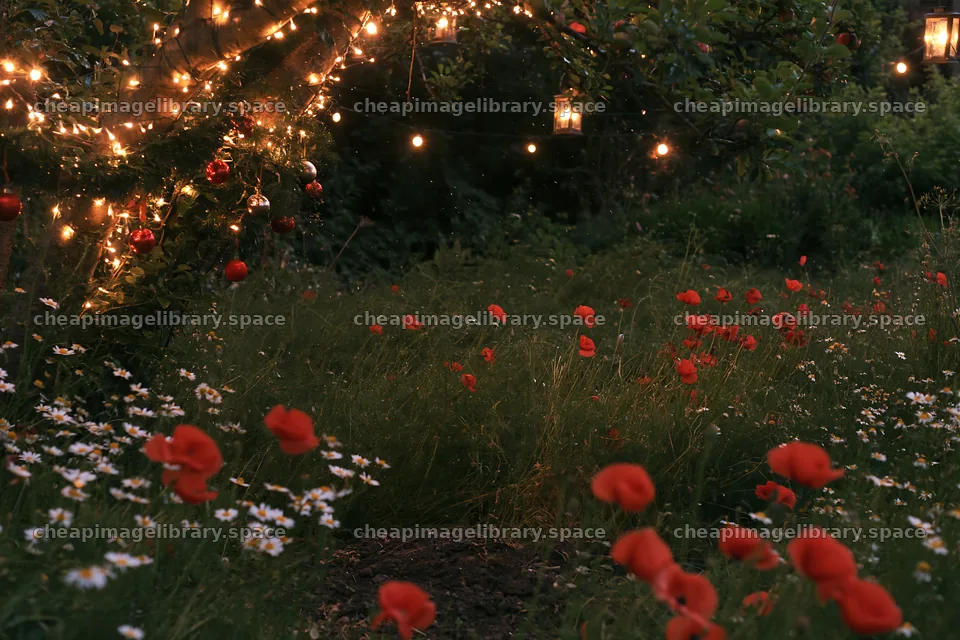 Apple tree meadow with lanterns and flowers at night – image library 9722x6480