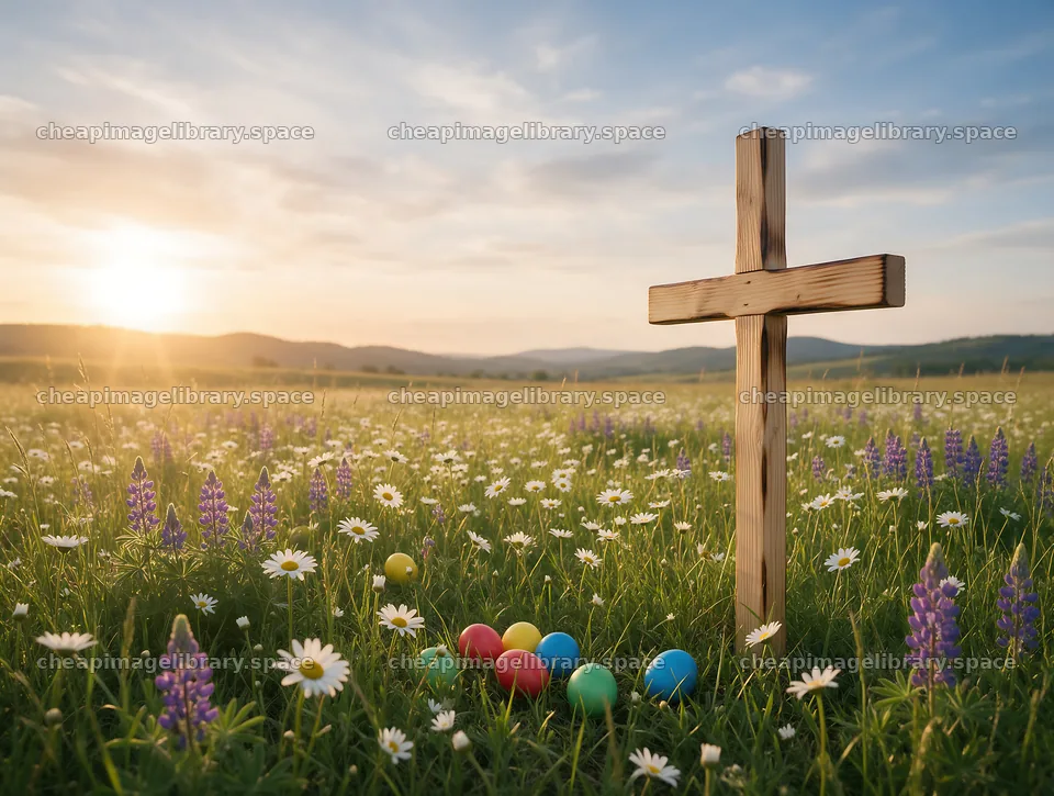 Wooden Christian cross in meadow during sunrise with light rays – image library 9134x6898