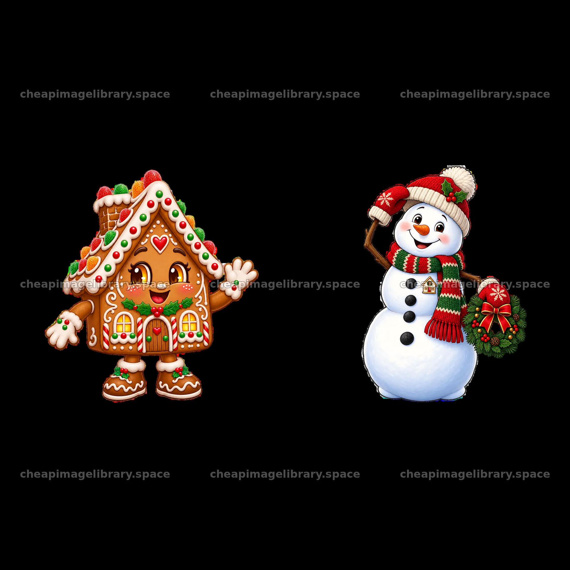 Gingerbread house and snowman cartoon sticker pair for Christmas – image library 7746x7746