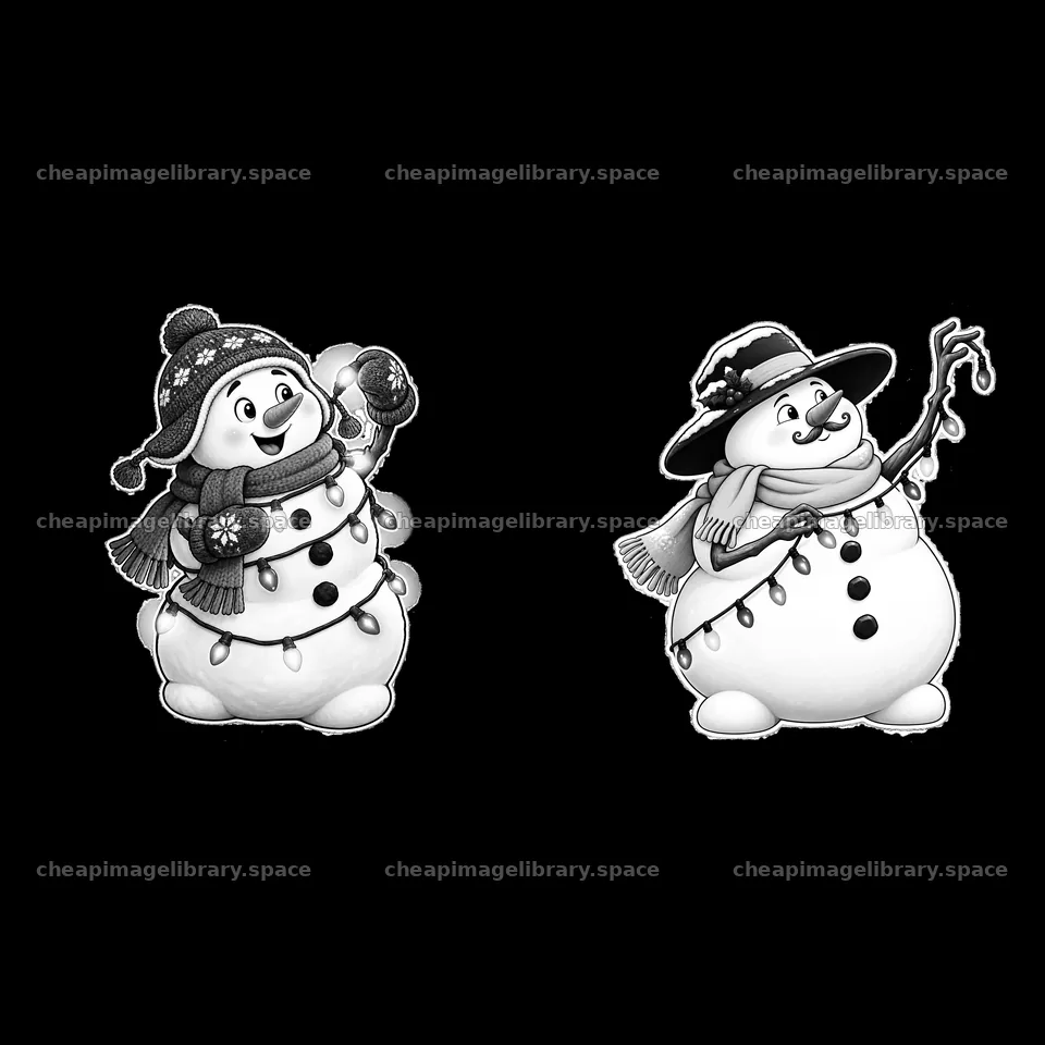 Snowman characters holding string lights in monochrome design – image library 7746x7746