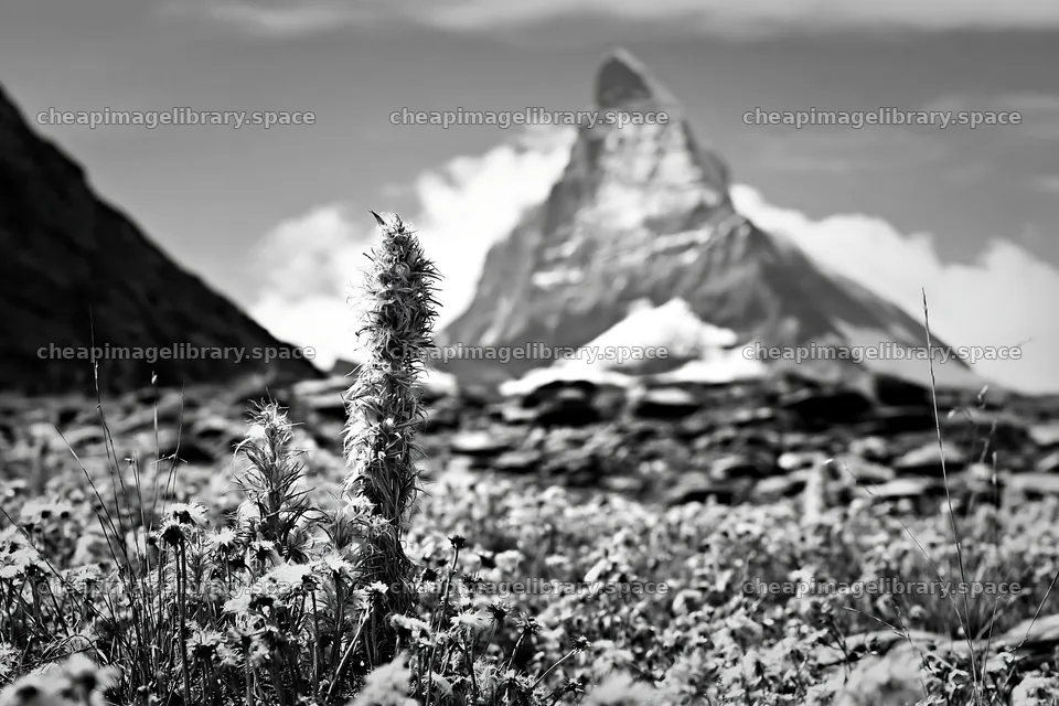 Matterhorn alpine wildflower meadow in black and white – image library 9722x6480
