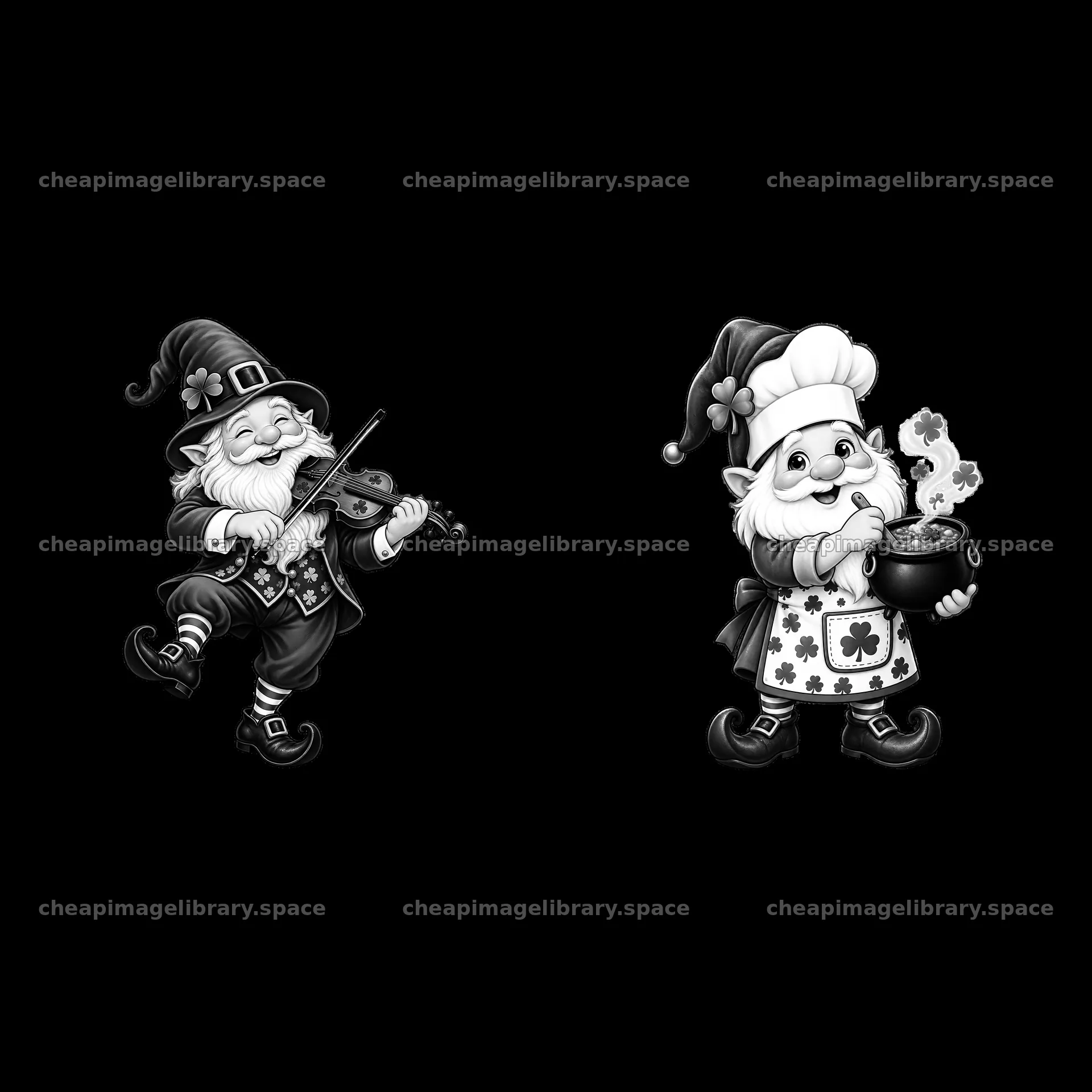 Gnome playing violin with another gnome holding a pot of gold – image library 7746x7746