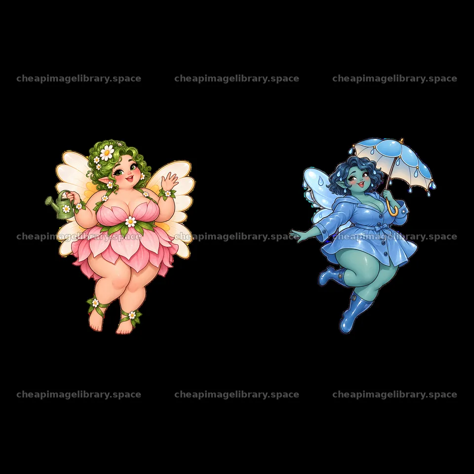 Kawaii ultra-fat fairies holding flowers and an umbrella – image library 7746x7746