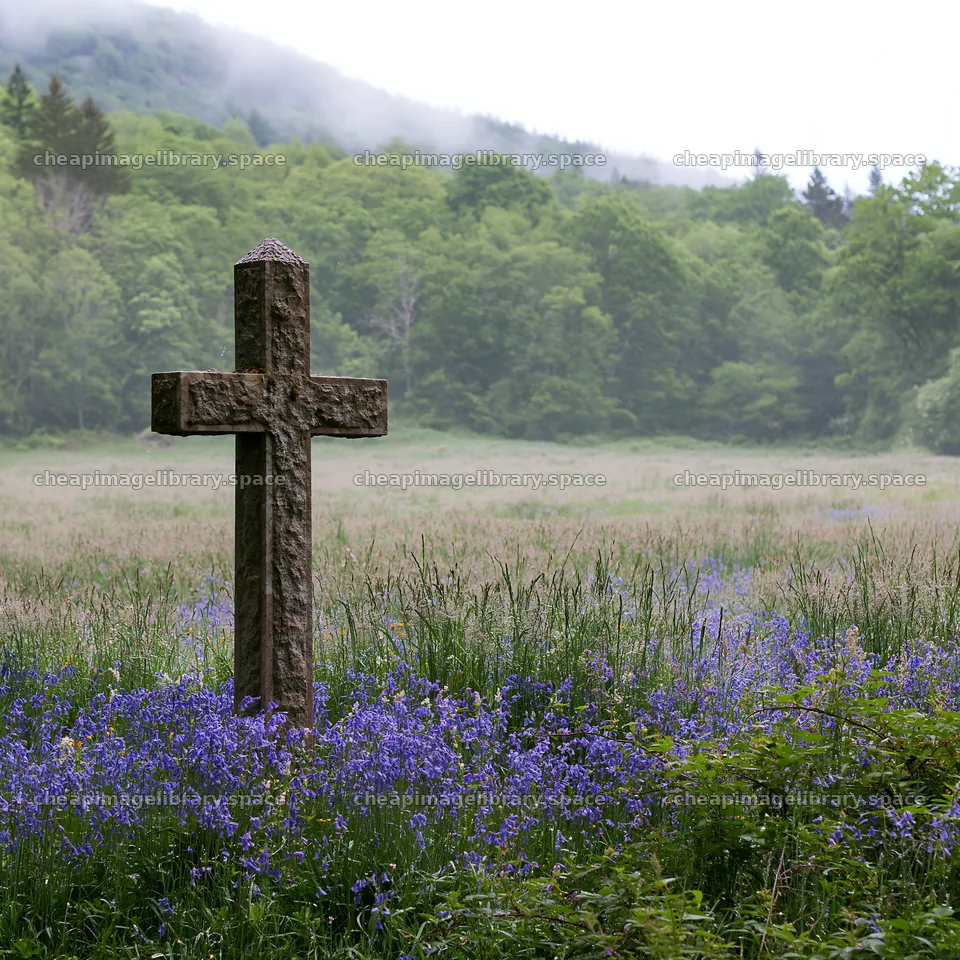 Cross in a meadow with wildflowers and a forest background – image library 7938x7938