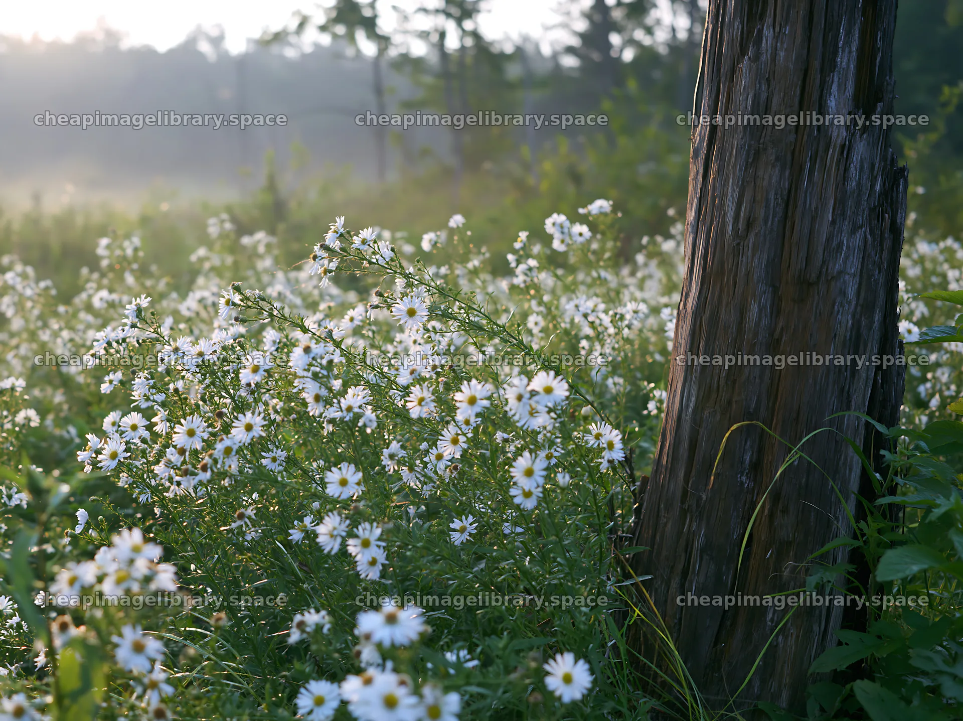 Fukushima meadow with wildflowers and weathered stump – image library 9174x6866