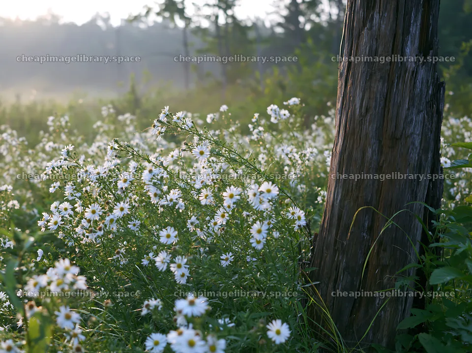 Fukushima meadow with wildflowers and weathered stump – image library 9174x6866