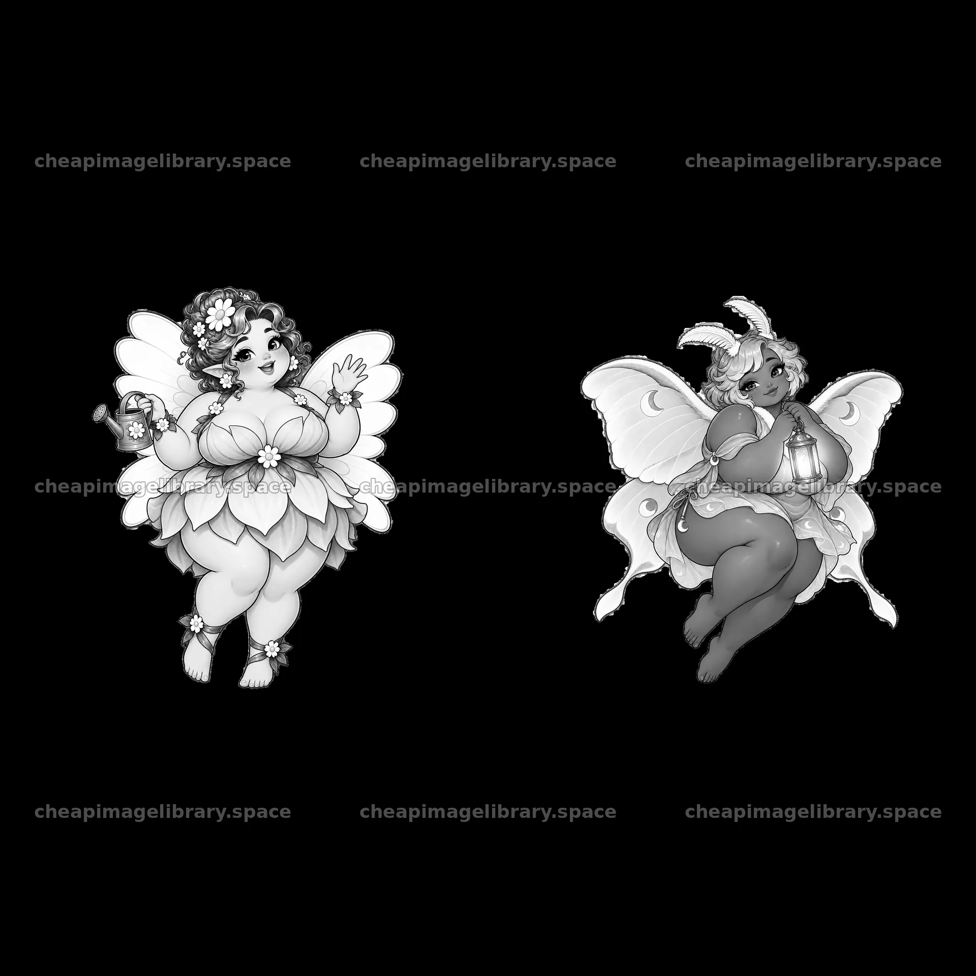 Kawaii ultra-fat fairies holding lanterns and flowers in pair – image library 7746x7746